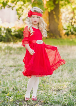 Bell Sleeve Polka Dot Tulle Knee Length Flower Girl Dress